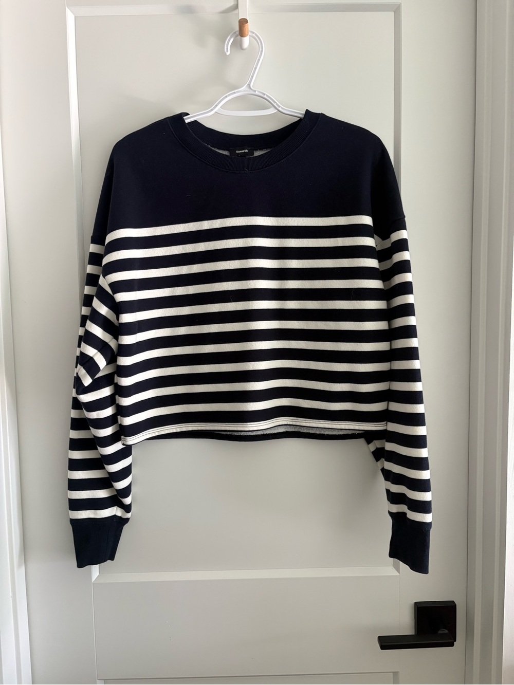Cropped Navy & White Express Striped Sweatshirt Size Small